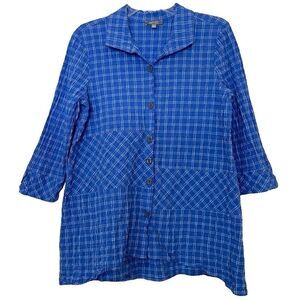 Habitat Lagenlook Asymmetrical Blouse Small Blue Plaid Check Top Collared Shirt